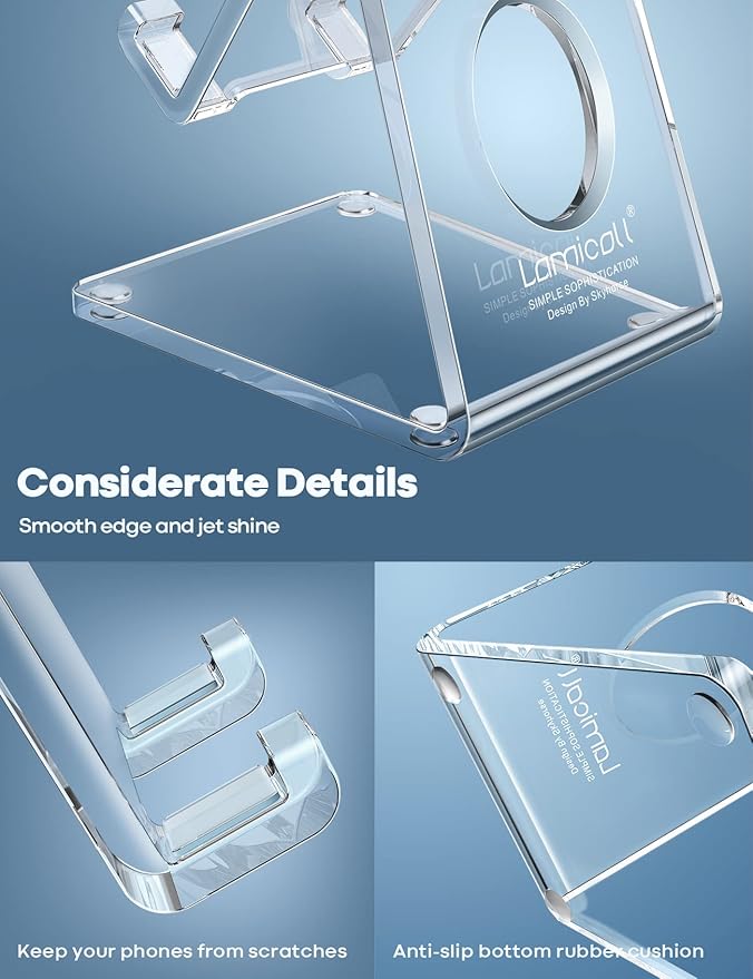 Lamicall Cell Phone Stand, Desk Accessories - Clear Office Cell Phone Holder, Acrylic Phone Stand, Desktop, Acrylic Office Supplies Desk Decor Accessories, Suitable for iPhone, 4-8'' Phone, Gifts