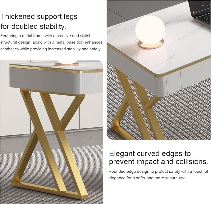 Modern Office Computer Desk with Tempered Glass Top & Marble Pattern, White Wooden Gaming Desk with Drawers, Thick Lacquered Writing Desk for Home Office, Bedroom and Living Room (Z-104)