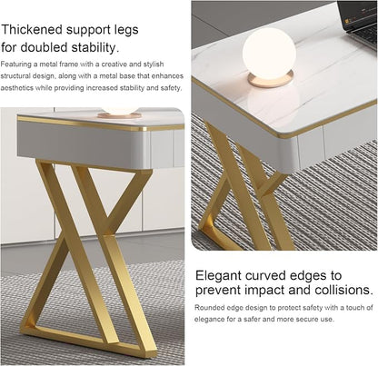 Modern Office Computer Desk with Tempered Glass Top & Marble Pattern, White Wooden Gaming Desk with Drawers, Thick Lacquered Writing Desk for Home Office, Bedroom and Living Room (Z-104)