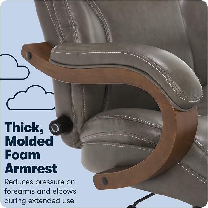 Serta Conway Big & Tall Executive Office Chair, Ergonomic High-Back with Adjustable Lumbar, Semi Plush Cushion and Body Pillows, Padded Armrests, Wooden Swivel Base, Bonded Leather, Gray