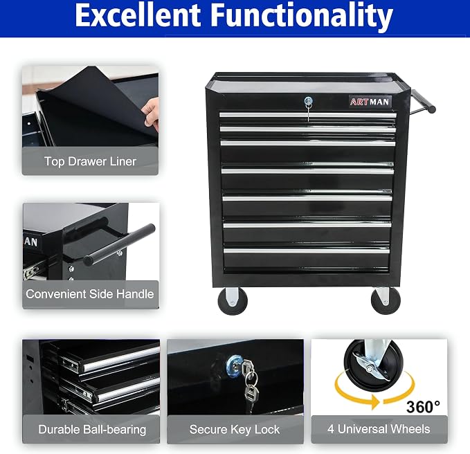 RYH 7 Drawers Rolling Tool Chest & Tool Box on Wheels | Heavy Duty Metal Cart with Ball Bearing Drawers | Fits US General Tool Box for Garage Storage (Black, 7 Drawers（29.9" H × 24.2" W × 12.9" D)