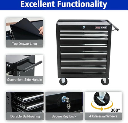 RYH 7 Drawers Rolling Tool Chest & Tool Box on Wheels | Heavy Duty Metal Cart with Ball Bearing Drawers | Fits US General Tool Box for Garage Storage (Black, 7 Drawers（29.9" H × 24.2" W × 12.9" D)