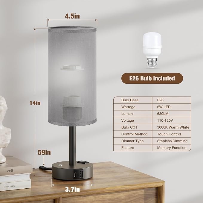 Touch Bedside Table Lamp with Memory - Stepless Dimmable Lamp for Bedroom, Small Nightstand Lamp with Dual USB Charging Ports and AC Outlet, Wood Night Light, Desk Lamp for Nursery (Grey & Grey)