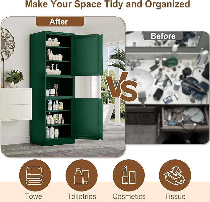 pozdeg 67" Tall Narrow Storage Cabinet, Metal Bathroom Cabinet with 2 Doors & 4 Adjustable Shelves, Freestanding Slim Pantry Organizer for Bathroom Kitchen Living Room (Green)