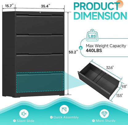 4 Drawer Lateral File Cabinet with Lock, Heavy-Duty Metal Vertical Filing Cabinet for Office, Steel Storage Compatible with Hanging Files Letter/Legal/F4/A4 Sizes, Black