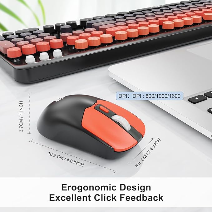 Wireless Keyboard and Mouse Combo, 2.4 GHz Wireless Full-Sized Typewriter Keyboard with Round Keycaps for Windows, Computer, Desktop, PC, Laptop (BlackOrange)