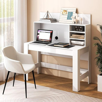 GOFLAME Computer Desk with Hutch, Wooden Writing Desk with Anti-Toppling Device, Cable Management Hole, Modern Home Office Workstation PC Laptop Table for Small Space, White