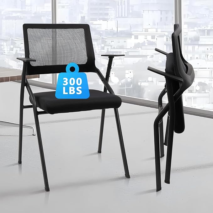 CLATINA Stackable & Foldable Office Chairs with Ergonomic Lumbar Support and Thickened Seat Cushion, Folding Mesh Fabric Reception Guest Chair for School Church Conference Waiting Room Black (2pk)