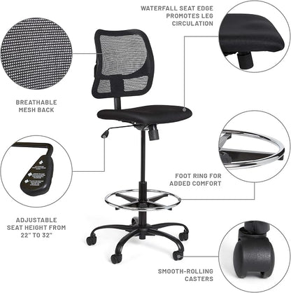 Safco Vue Office Chair, Heavy Duty Stool, 250 lbs Capacity, Ergonomic Mesh Back, 360 Swivel Seat, 5-Star Base, Black