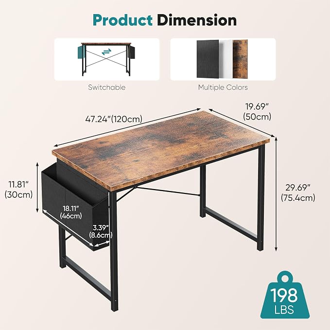 OLIXIS Computer Desk, 47 Inch Home Office Desks for Small Spaces, Writing Craft Study Gaming Table for Bedroom, Modern Computer Workstation with Storage Bag and Headphone Hook, Rustic Brown