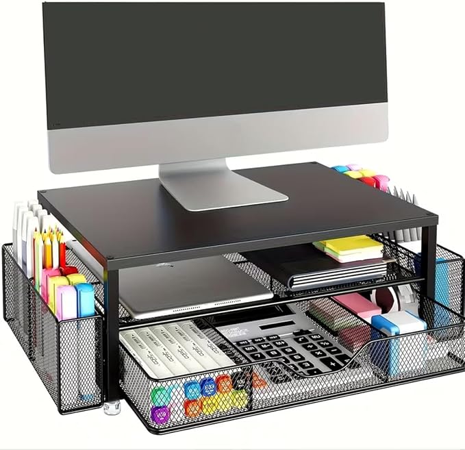 Desk Organizer and Accessories, 2-Tier Computer Monitor Stand Riser with Drawer and 2 Pen Holders, Laptop Stand, Office Desk Accessories for Office Supplies, Printer Desktop Organizer,Black