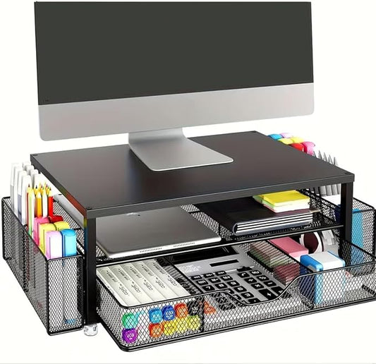 Desk Organizer and Accessories, 2-Tier Computer Monitor Stand Riser with Drawer and 2 Pen Holders, Laptop Stand, Office Desk Accessories for Office Supplies, Printer Desktop Organizer,Black