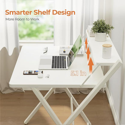 GreenForest Folding Desk No Assembly Required Large Size, 2-Tier Foldable Computer Desk with Shelf for Home Office, Space Saving Portable Laptop Study Foldable Table for Bedroom, White