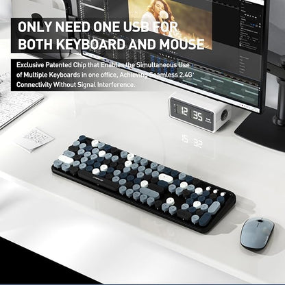 FOPETT Wireless Keyboard and Mouse Combo, 105 Keys Full-Sized 2.4 GHz Round Keycap Colorful Keyboards, USB Receiver Plug and Play, for Windows, Mac, PC, Laptop, Desktop (Grey Colorful)
