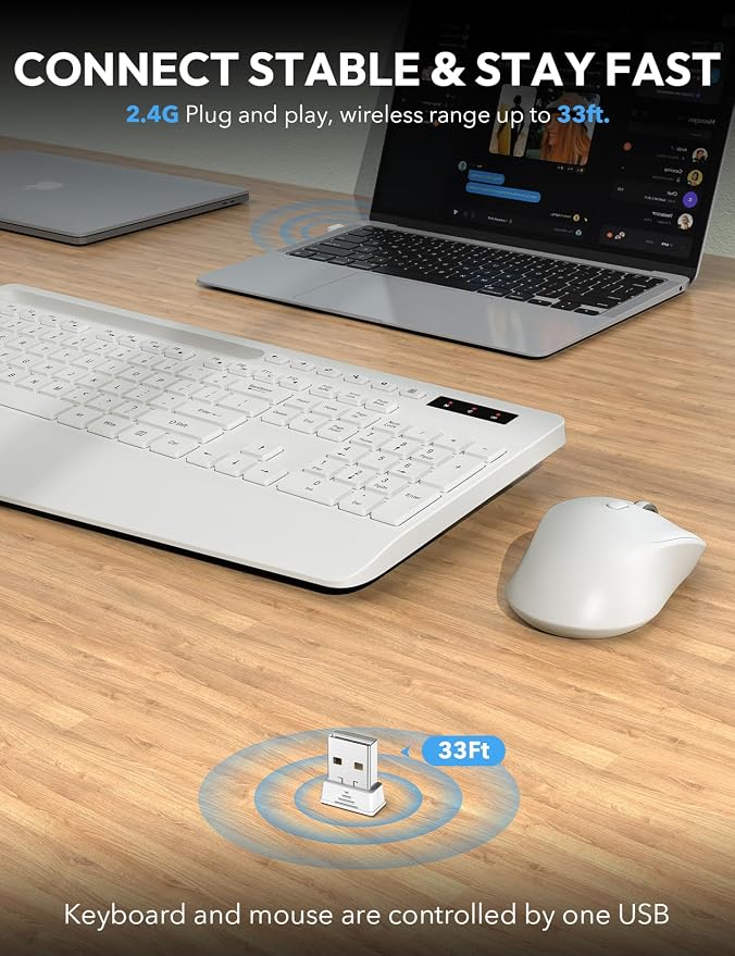 Wireless Keyboard and Mouse Combo - Full Size Ergonomic Wrist Rest, Silent Typing, Phone Holder, 2.4 GHz, 3 Level DPI, Batteries Powered, KM23D Set Compatible with PC, Laptop, Windows, macOS -SABLUTE