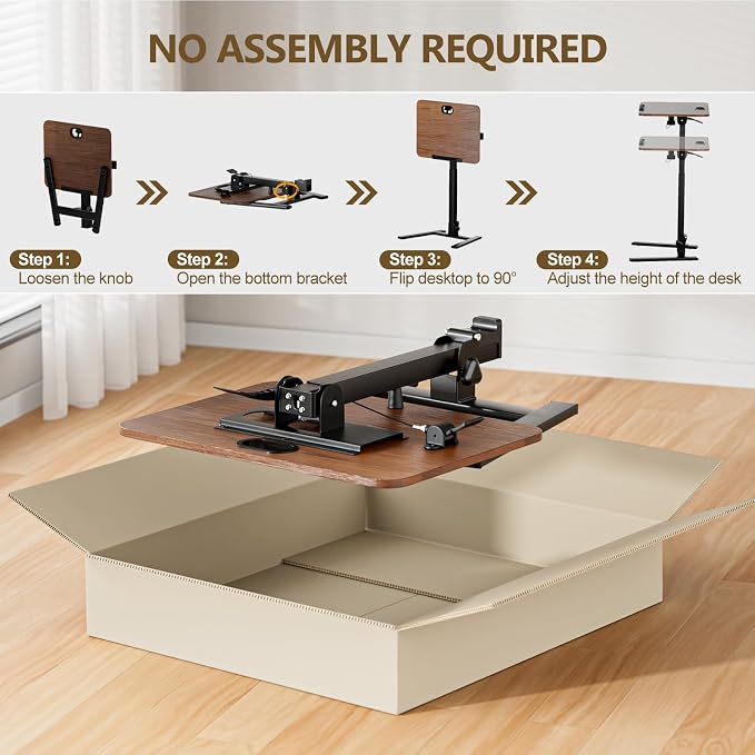 25 Inch Mobile Foldable Standing Desk, 180 Degree Tiltable Portable Rolling Laptop Table, Height Adjustable Sit-Stand Desk with Wheels, No Assembly Computer Workstation for Home Office, Brown