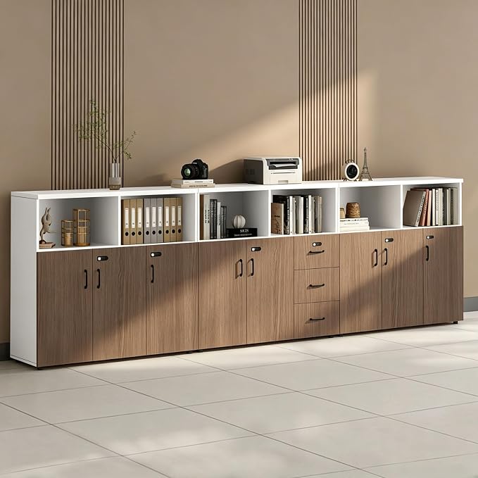 File Cabinet with Password Lock, Wood Lateral Filing Cabinet for Letter/A4 Files, 3 Drawer with Door, Printer Stand with Open Shelves for Home Office