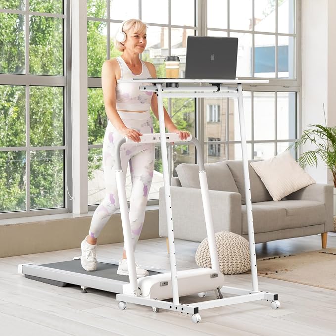 Eocnrhe Treadmill Desk, Mobile Small Standing Desk with Wheels for Walking Pad, Portable Table for Laptop, Rolling Table Adjustable Height, Bedside Table，White