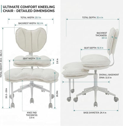 Cross Legged Office Chair with Wheels, 360 Swivel Height-Adjustable Double-Layer Padding Criss Cross Meditation Chair with Lumbar Support, Artificial Rabbit Hair Fabric, Ivory
