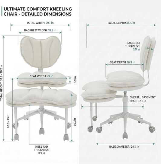 Cross Legged Office Chair with Wheels, 360 Swivel Height-Adjustable Double-Layer Padding Criss Cross Meditation Chair with Lumbar Support, Artificial Rabbit Hair Fabric, Ivory
