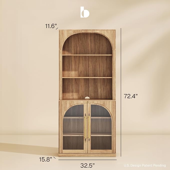 BELLEZE Pantry Storage Cabinet with Hutch, Modular Cabinet with Adjustable Shelves for Organizing, Visible Storage with Glass Door, Wood Highboard for Living Room, Kitchen and Home Office - Camel
