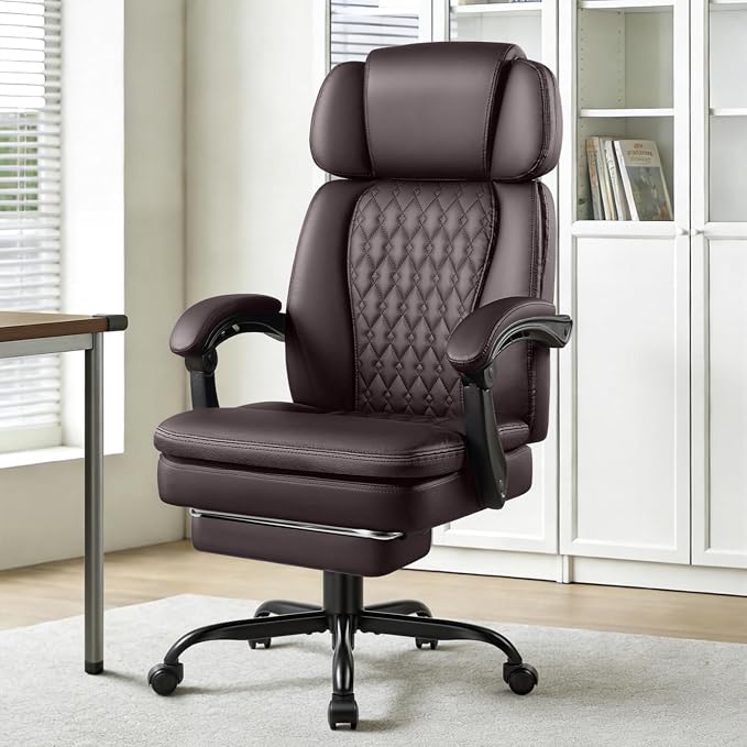 Office Desk Chair with Foot-Rest 400lbs, Heavy Duty Executive Office Chair, Comfy High Back Ergonomic PU Leather Reclining Desk Chair with Lumbar Support, Brown