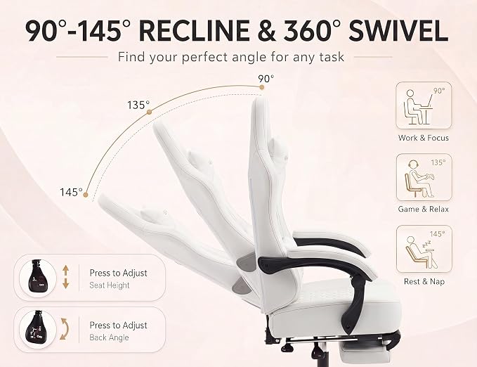 Office Desk Computer Gaming Chair for Adults, Ergonomic High Back Gamer Chair with Massage and Pocket Spring Cushion, Swivel Comfy Video Game Chairs with Footrest and Lumbar Supporrt (Pro White)