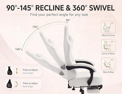 Office Desk Computer Gaming Chair for Adults, Ergonomic High Back Gamer Chair with Massage and Pocket Spring Cushion, Swivel Comfy Video Game Chairs with Footrest and Lumbar Supporrt (Pro White)
