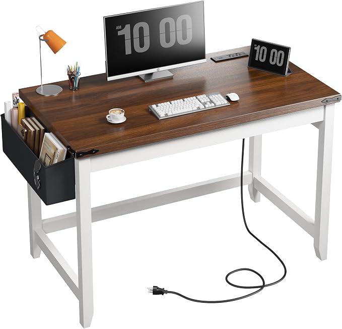 EnHomee 40 Inch Small Desk with Storage Bag Detachable, Writing Desk with Power Outlet, Modern Simple Home Vanity Desk for Small Spaces, Study Desk for Bedroom, Brown & White