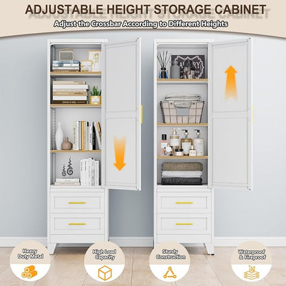 67" Tall Narrow Metal Storage Cabinet, Freestanding Pantry Organizer, White | Slim Bathroom Cabinets with 2 Drawers & 3 Adjustable Shelves, Multi-Use Cupboard for Kitchen Office Living＆ Dining Room