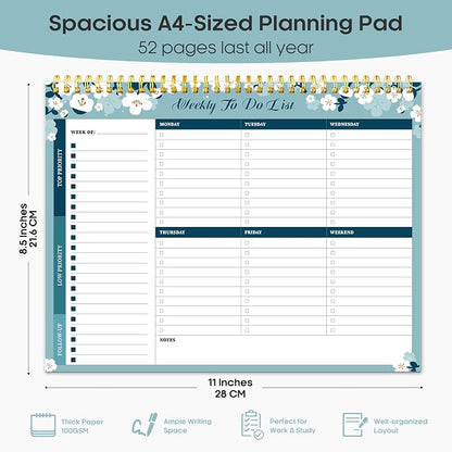 Taja Weekly To Do List Notepad with 52 Undated Sheets（8.5"×11"）- Weekly Desk Planner for Women & Man, Work and Home - 1 Pack Blue Breeze