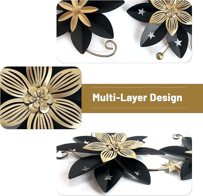 LIFFY Metal Flower Wall Decor, Black & Gold Floral Metal Wall Art for Indoor Outdoor,Black Wall Decor Boho Modern Wall Decor for Bathroom, Living Room, Bedroom, Porch, Garden, Yard (Black & Gold 2)