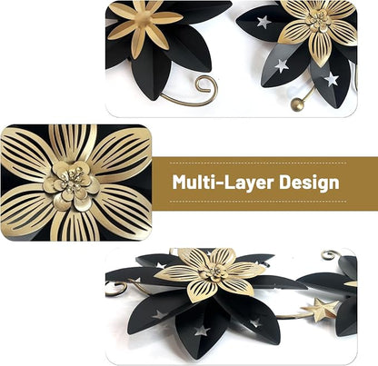LIFFY Metal Flower Wall Decor, Black & Gold Floral Metal Wall Art for Indoor Outdoor,Black Wall Decor Boho Modern Wall Decor for Bathroom, Living Room, Bedroom, Porch, Garden, Yard (Black & Gold 2)