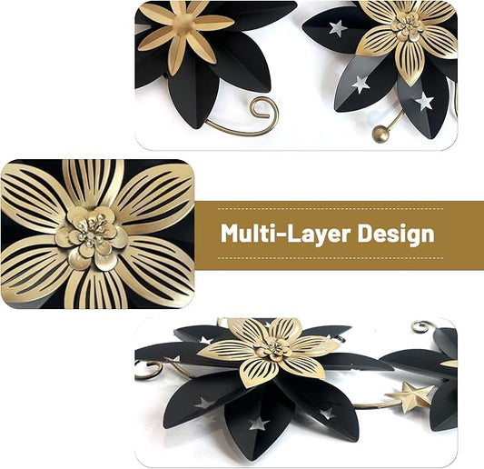 LIFFY Metal Flower Wall Decor, Black & Gold Floral Metal Wall Art for Indoor Outdoor,Black Wall Decor Boho Modern Wall Decor for Bathroom, Living Room, Bedroom, Porch, Garden, Yard (Black & Gold 2)