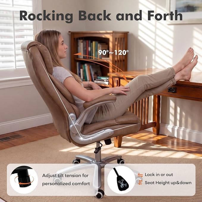 GYI Big and Tall 400lb Office Chair, Leather Executive Desk Chair, Brown | 24"Wide Seat, High Back, Space-Saving Flip-up Arms, Lumbar Support, Heavy Duty Base, Home, Conference Room