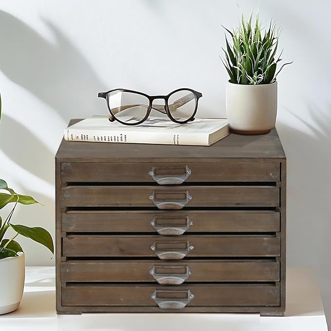 Vintage Wooden Desk Organizer Cabinet with 6 Drawers - Rustic Farmhouse Distressed Decor - Home Office Desktop Storage Box for Jewelry, Craft Paper, Small Tool & More (Log Color)