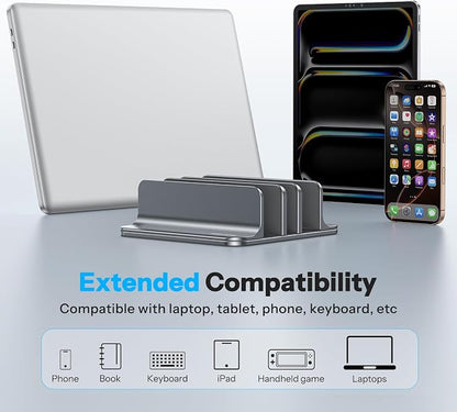 OMOTON Vertical Laptop Stand [Updated 3-Slots Version], Desktop Aluminum Mac Book Stand with Adjustable Dock Size, Fits All Mac Book, Surface, Chrome Book and Gaming Laptops (Up to 17.3 inch), Grey