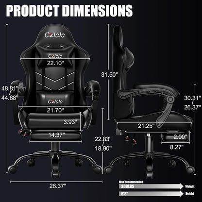 Czlolo Gaming Chair, Ergonomic Office Computer Chair with Footrest and Lumbar Support Massager Racing Style High Back Video Gamer Chair, Wide＆Thick Cushion, 90°-135° Recline, Adjustable Height, Black