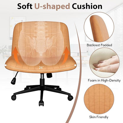 SUNLEI Cross Legged Office Chair with Wheels, Armless Wide Chair's for Vanity Desk, Criss Cross Comfy Chairs with Back, Desk Chair/s of Height Adjustable Swivel, Orange & Leather