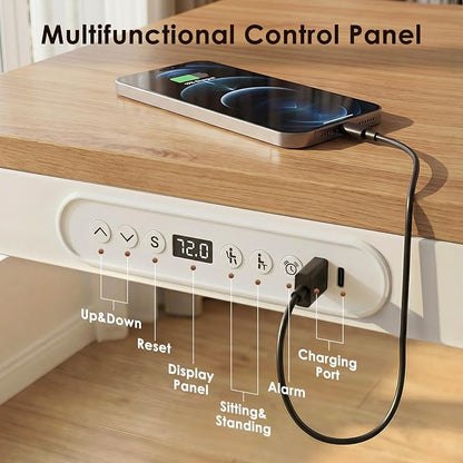 OffiGo 55 Inch Electric Standing Desk, Height Adjustable Table with Storage, Sit Stand Desk with Charging Station for Home Office, Computer Workstation, Maple+White