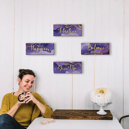 4 Piece Purple and Gold Wall Decor Set Motivational Wall Decor Inspirational Wooden Signs for Bedroom Bathroom Women’s Office Abstract Elegant Art for Home or Office Decoration 10X4 Inches