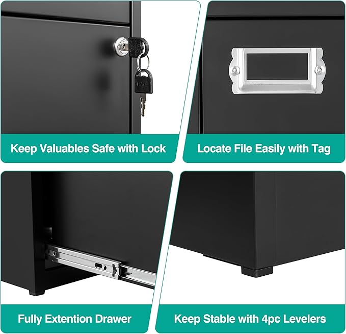 SISESOL 2 Drawer File Cabinet with Lock,Narrow Vertical Filing Cabinet,Under Desk File Cabinets,Black Metal File Cabinets for Home Office,Fit Letter/A4/Legal Size File, Easy Assembly