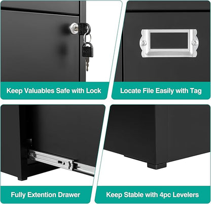SISESOL 2 Drawer File Cabinet with Lock,Narrow Vertical Filing Cabinet,Under Desk File Cabinets,Black Metal File Cabinets for Home Office,Fit Letter/A4/Legal Size File, Easy Assembly