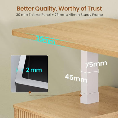 SEDETA Modern Fluted Electric Standing Desk, 63" Height Adjustable Computer Desk with 3 Drawers, Storage Shelves, Power Outlets, Wood Home Office Stand up Desk for Work, Study, Writing, Oak