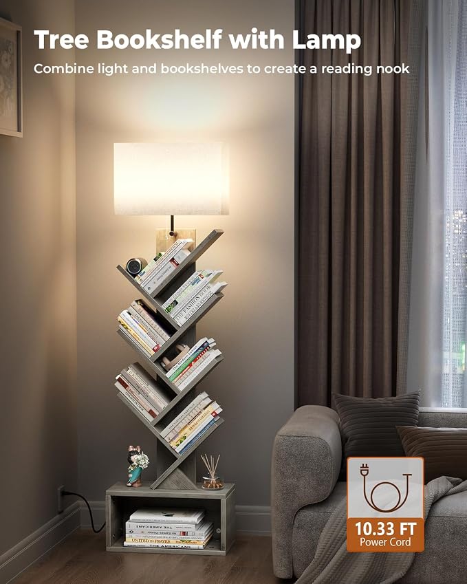 Evermagin 6 Tier Tree Bookshelf with Light, Narrow Bookcase Tower, Tall Floor Standing Book Shelf Organizer with Storage Cabinet for Living Room, Bedroom and Home Office, Gray