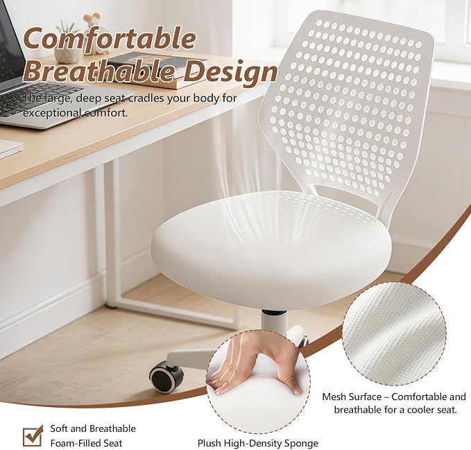 Small Office Chair with Wheels, Armless Desk Chair Height Adjustable Swivel Rolling Task Chair Breathable Mesh Ergonomic Computer Work Chair for Adult, White