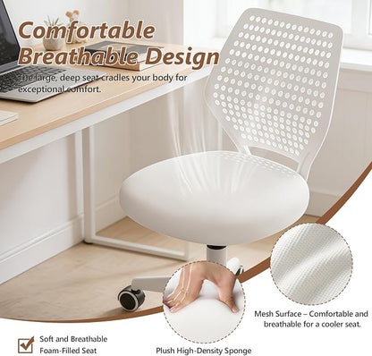 Small Office Chair with Wheels, Armless Desk Chair Height Adjustable Swivel Rolling Task Chair Breathable Mesh Ergonomic Computer Work Chair for Adult, White