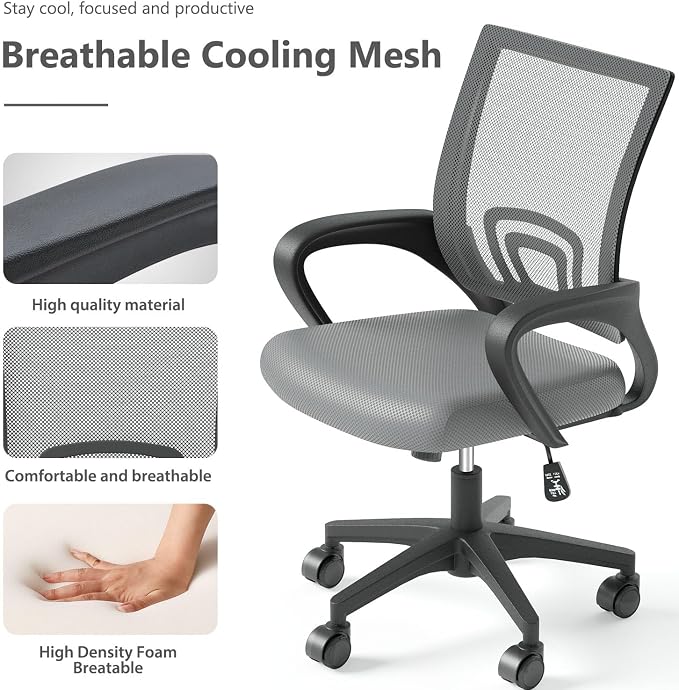 OS MOTOR Home Office Chair, Ergonomic Mid-Back Mesh Desk Chair with Lumbar Support, Adjustable Swivel Rolling Design, Comfy Armrest for Work, Study, Gaming, Vanity (Light Gray, Single Chair)