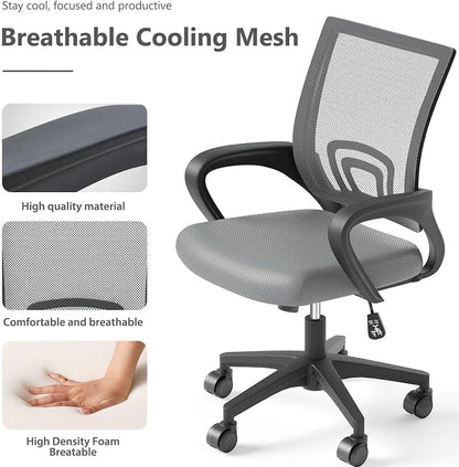 OS MOTOR Home Office Chair, Ergonomic Mid-Back Mesh Desk Chair with Lumbar Support, Adjustable Swivel Rolling Design, Comfy Armrest for Work, Study, Gaming, Vanity (Light Gray, Single Chair)