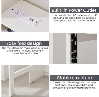 Fold Out Desk with Power Outlets, Small Foldable Table with Storage Shelf,Space-Saving Hidden Desk for Bedroom, Living Room & Office (White)